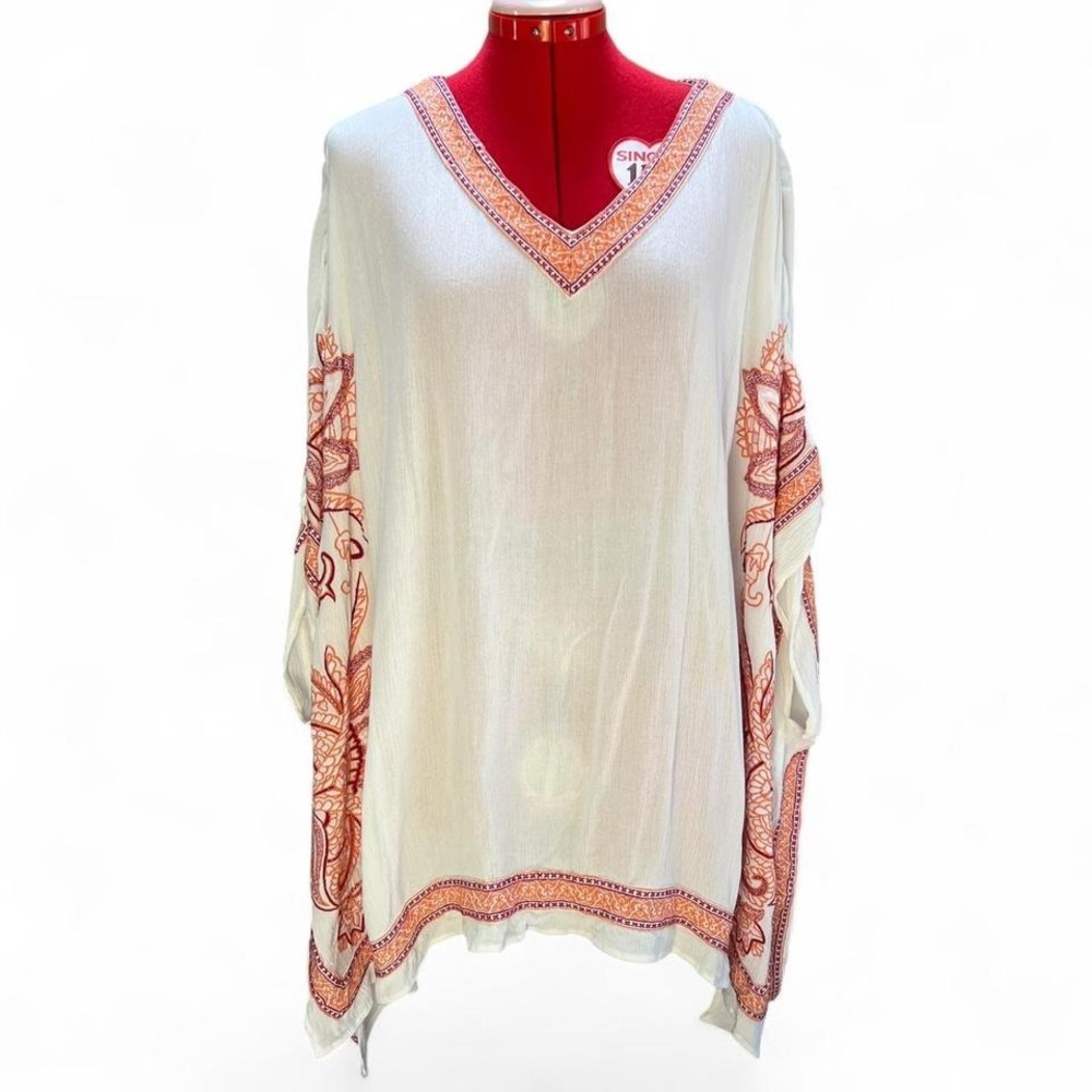 Chico's White With Orange‎ Embroidered Trim Beach Coverup Swim Summer Size L/XL